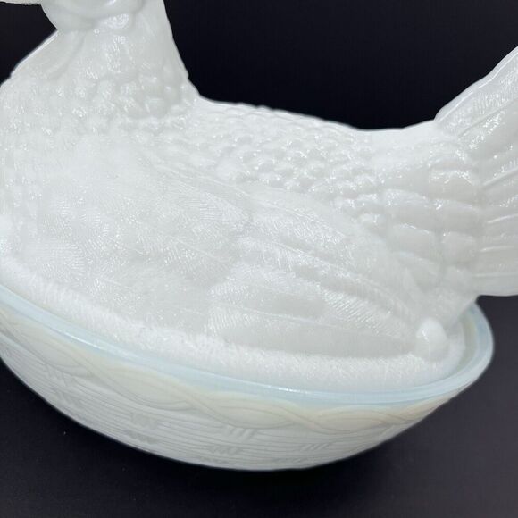 Antique Milk Glass Large Nesting Chicken Hen on Basket Covered Dish - Picture 7 of 13